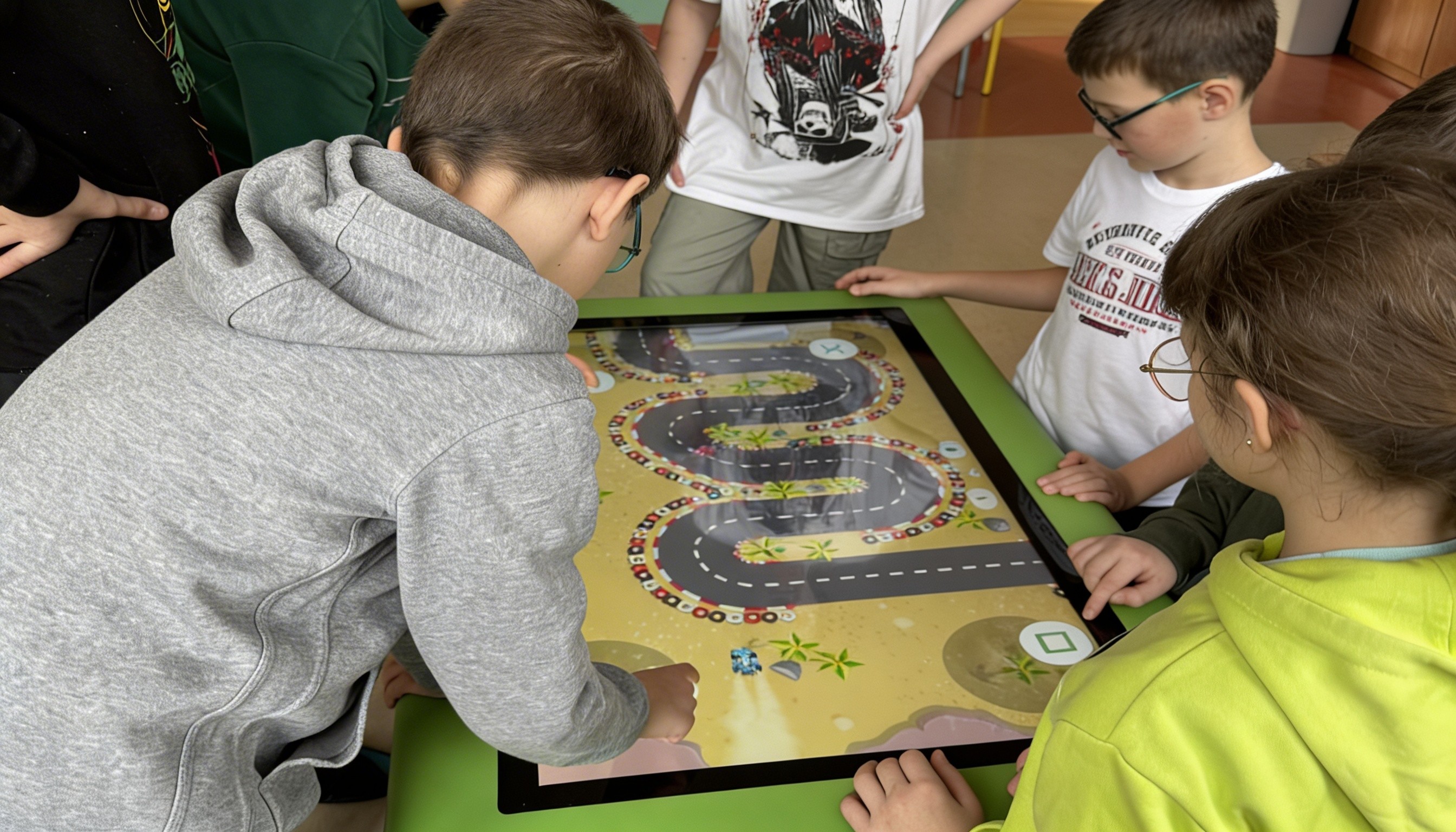 Stół interaktywny w szkole - grupa uczniów gra wspólnie w grę edukacyjną na ekranie dotykowym